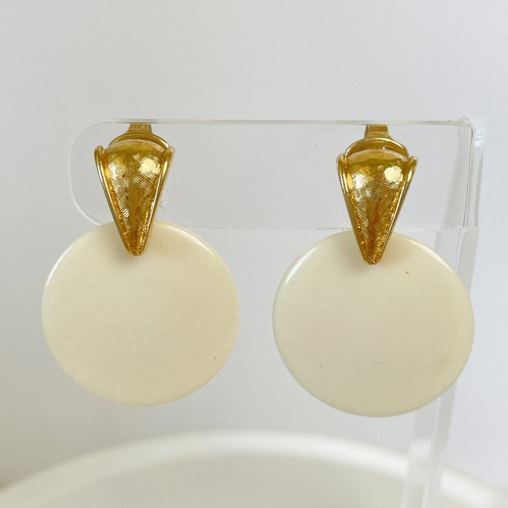 Trifari Gold and Ivory Round Drop Earrings
